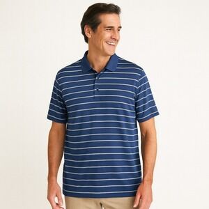 Adidas 2XL Polo Shirt Men's Blue Striped Golf‎ Performance Outdoor Logo Comfort